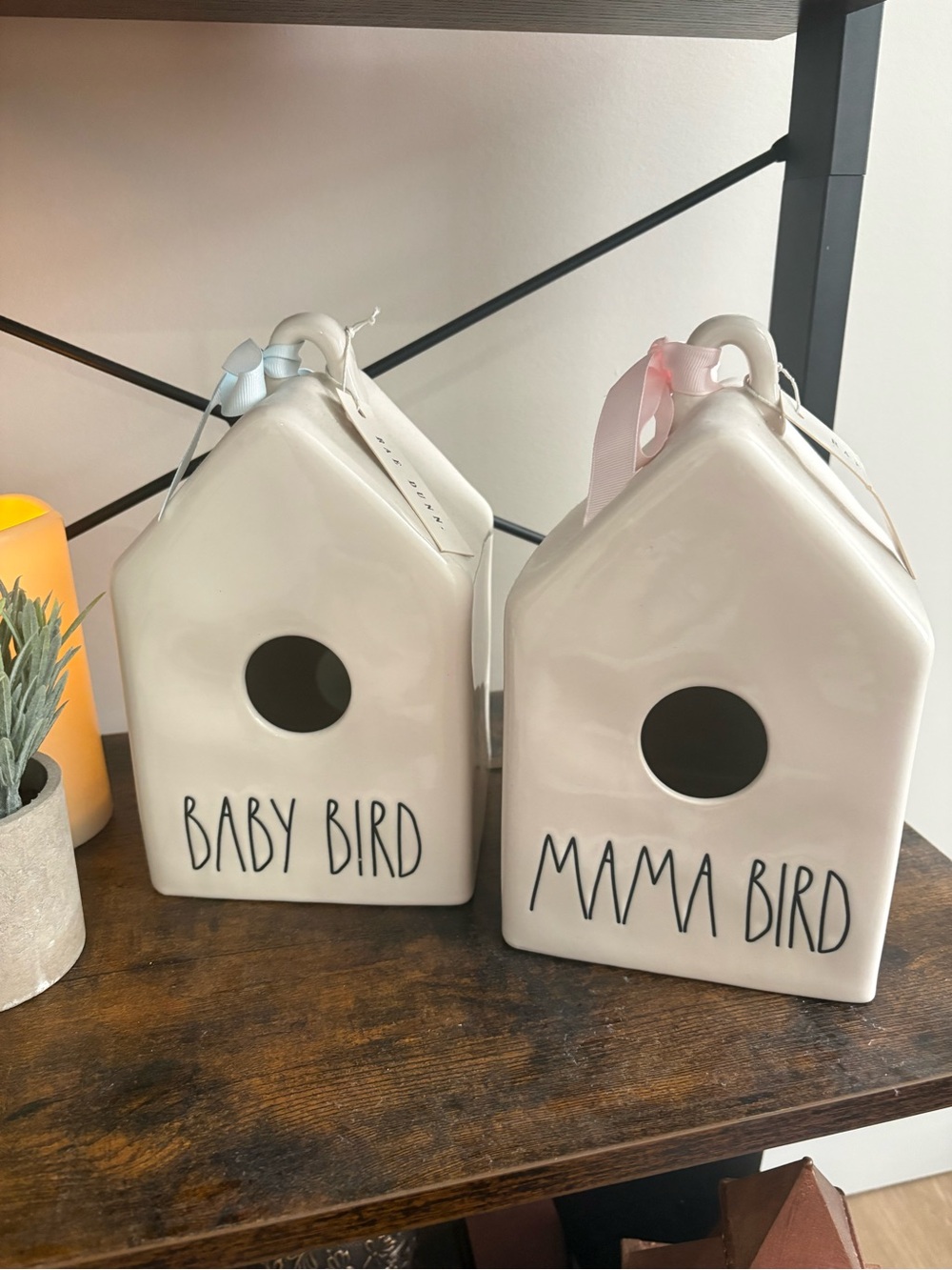 Set of 2. Rae Dunn Cream Ceramic 'Mama Bird' & 'Baby Bird' Houses No damage